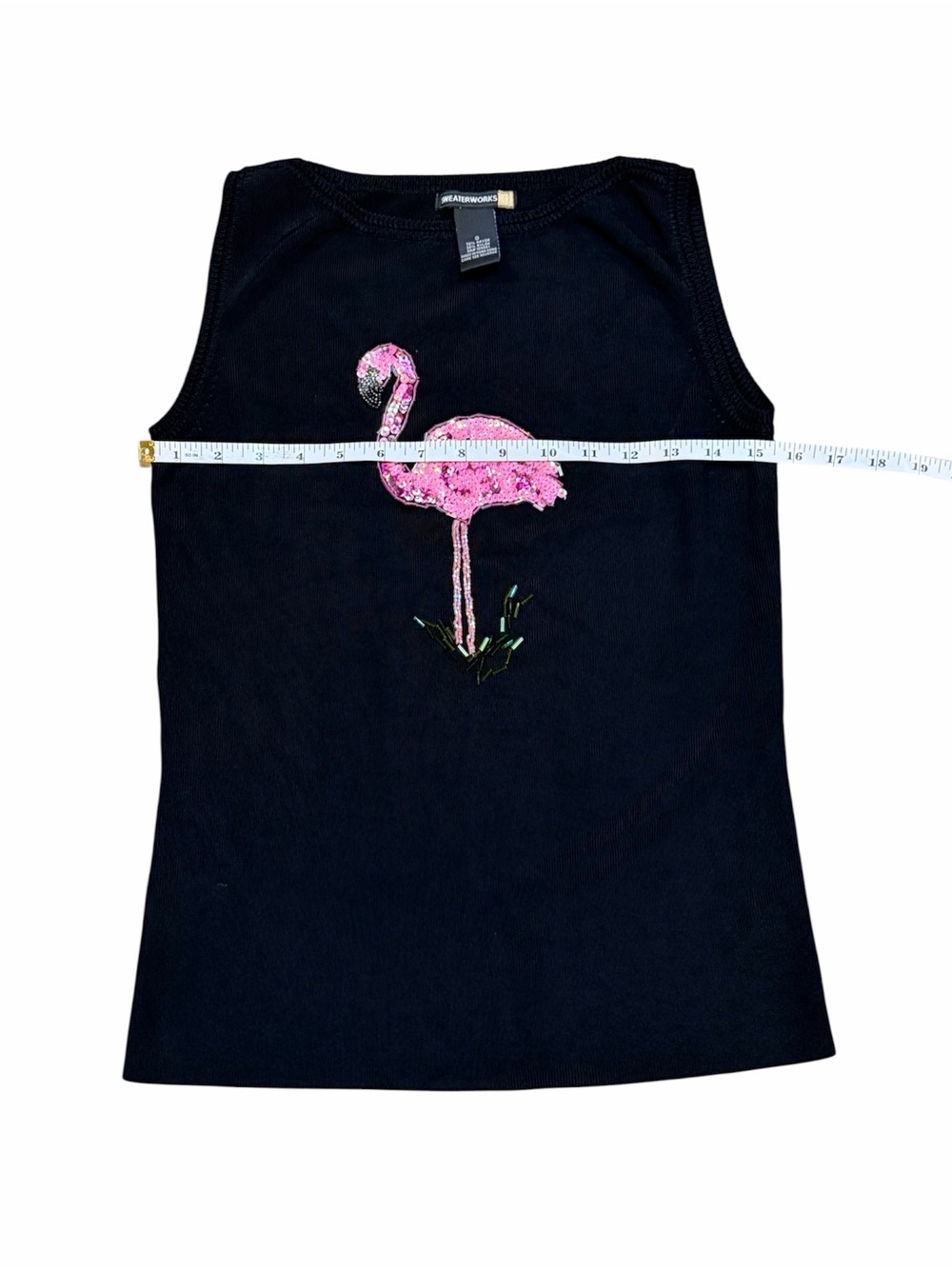 Sweaterworks Black Tank Top with Pink Sequin Flamingo Size Small